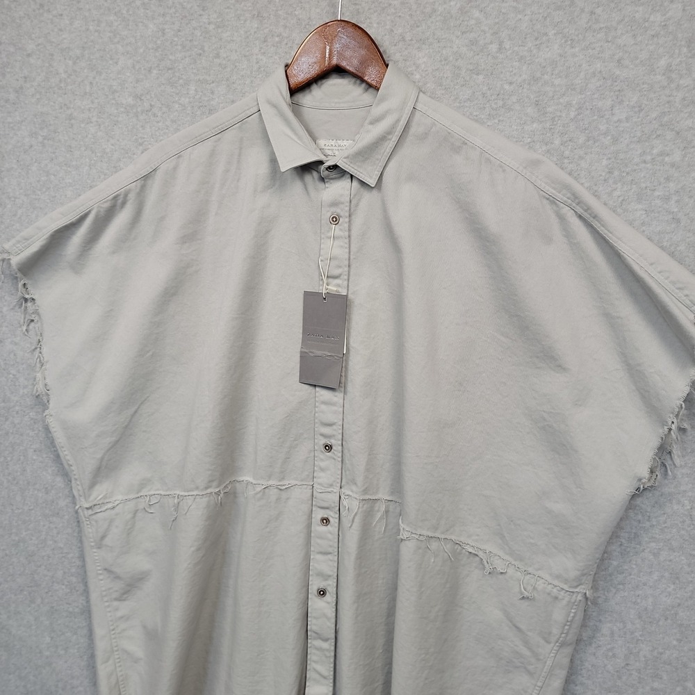 NEW ZARA Man Denim Shirt XL Distressed Overshirt Button Up Short Sleeve Cotton - Picture 2 of 11